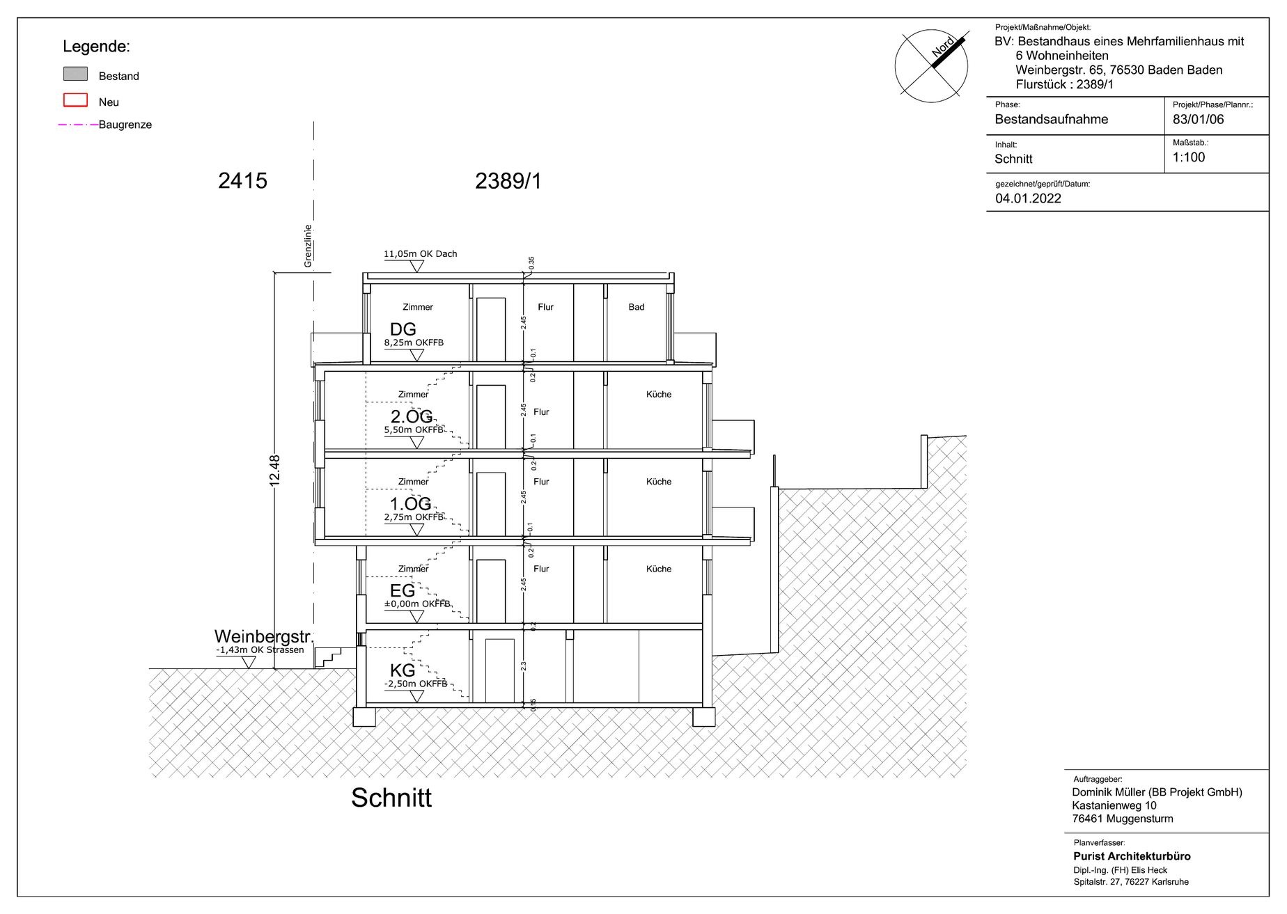 Gebäudeschnitt: Kellergeschoss, Erdgeschoss, zwei Obergeschosse, Dachgeschoss